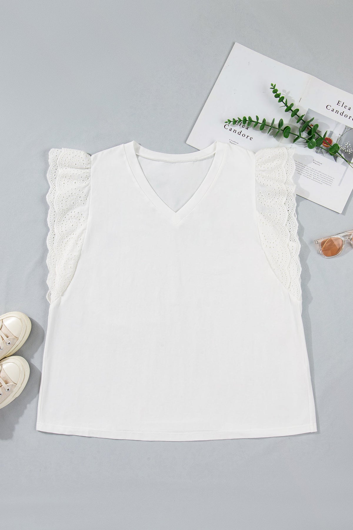 Plus Size Embroidered Eyelet Patchwork Short Sleeve Tee