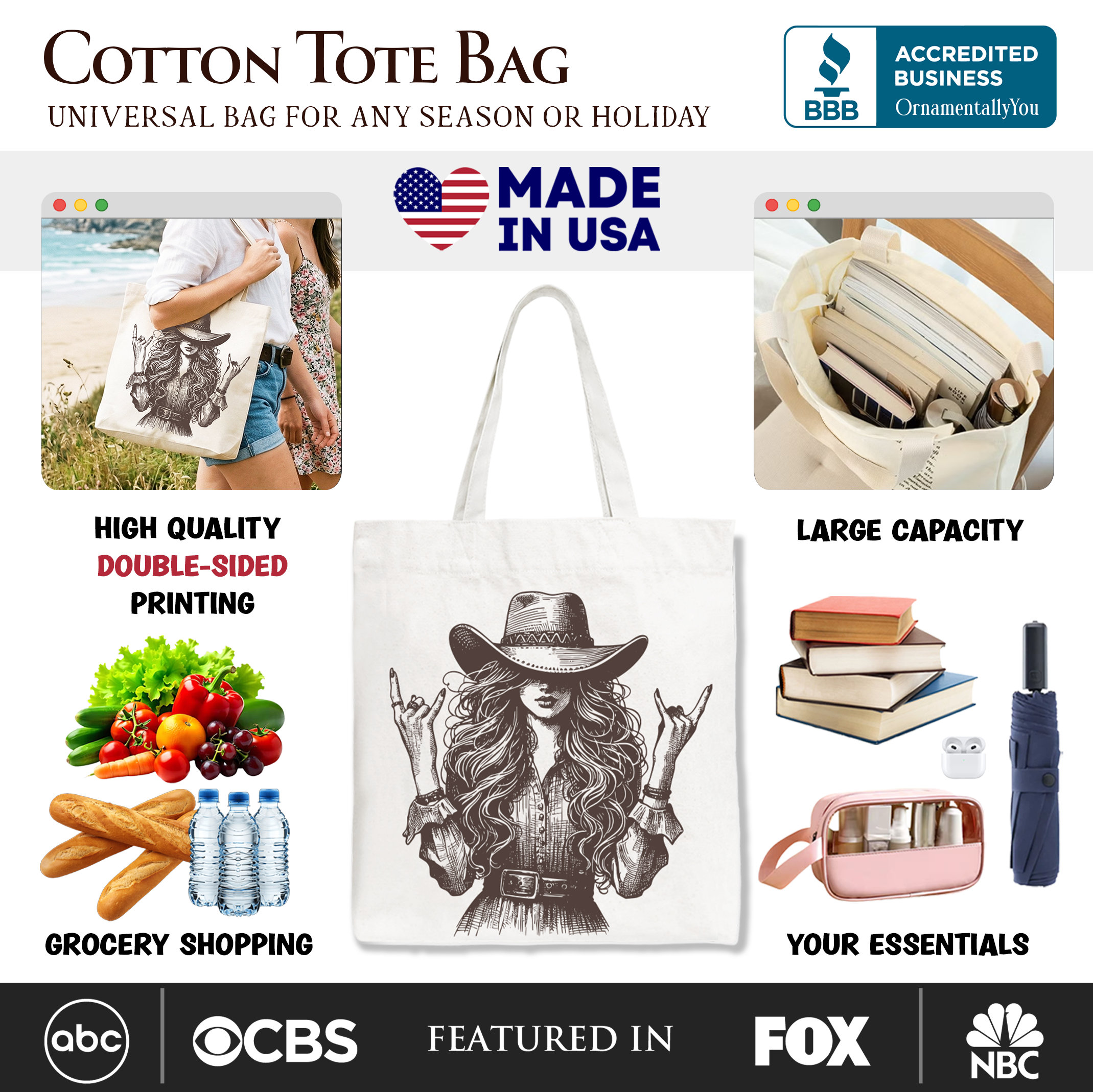 Western Cowgirl Rocker Tote Bag, Country Rodeo Style Gift Shopper