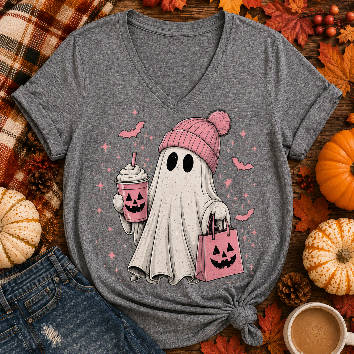 Pink Ghost Halloween V-NECK