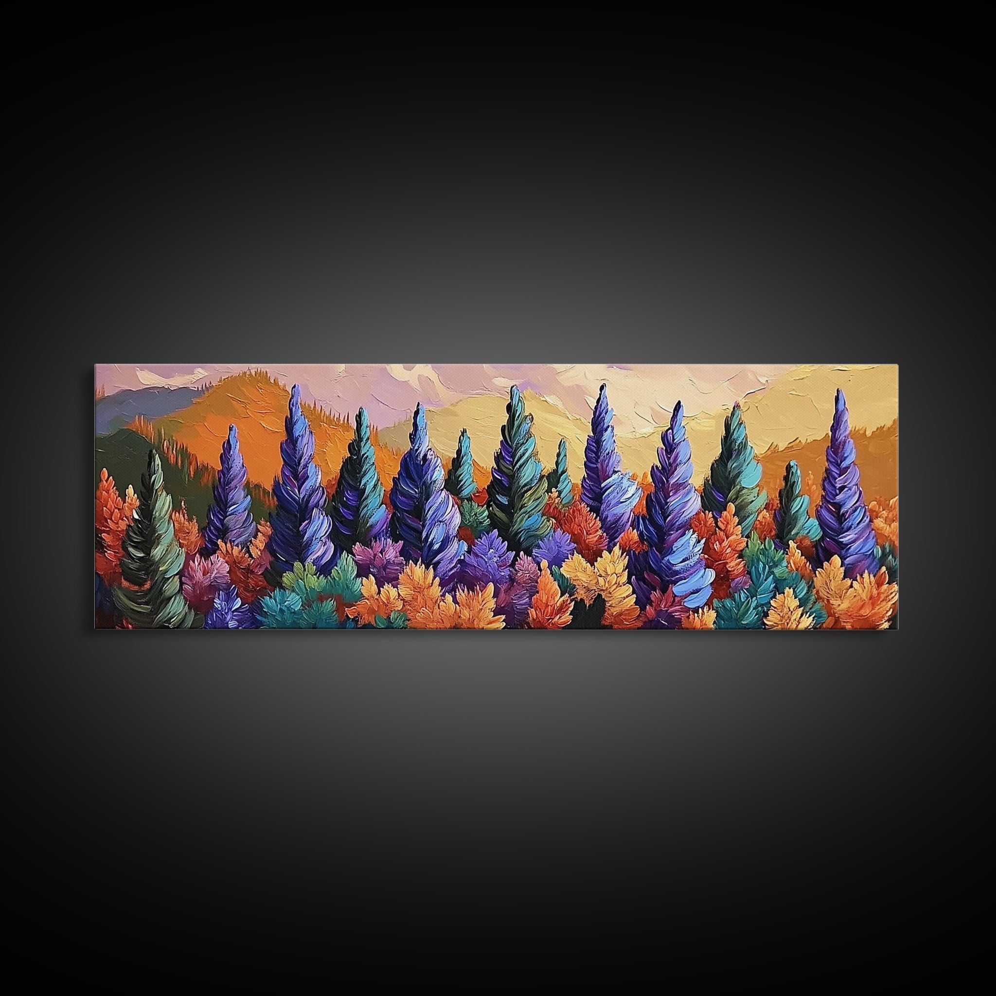 Fall Forest Trees, Colorful Nature Landscape, Mountain Sunset Pines, Framed Canvas Print, Autumn Living Room Art, Cabin Wall Decor