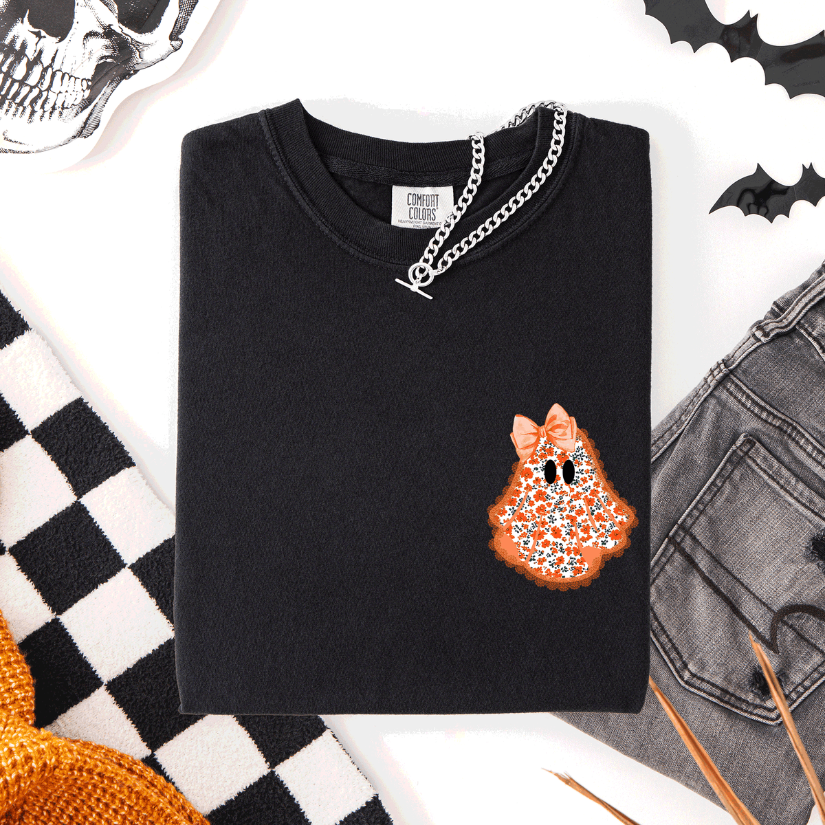 Cute Coquette Faux Lace Ghost Pocket Halloween Edition Vintage Charm Comfort Colors Tee