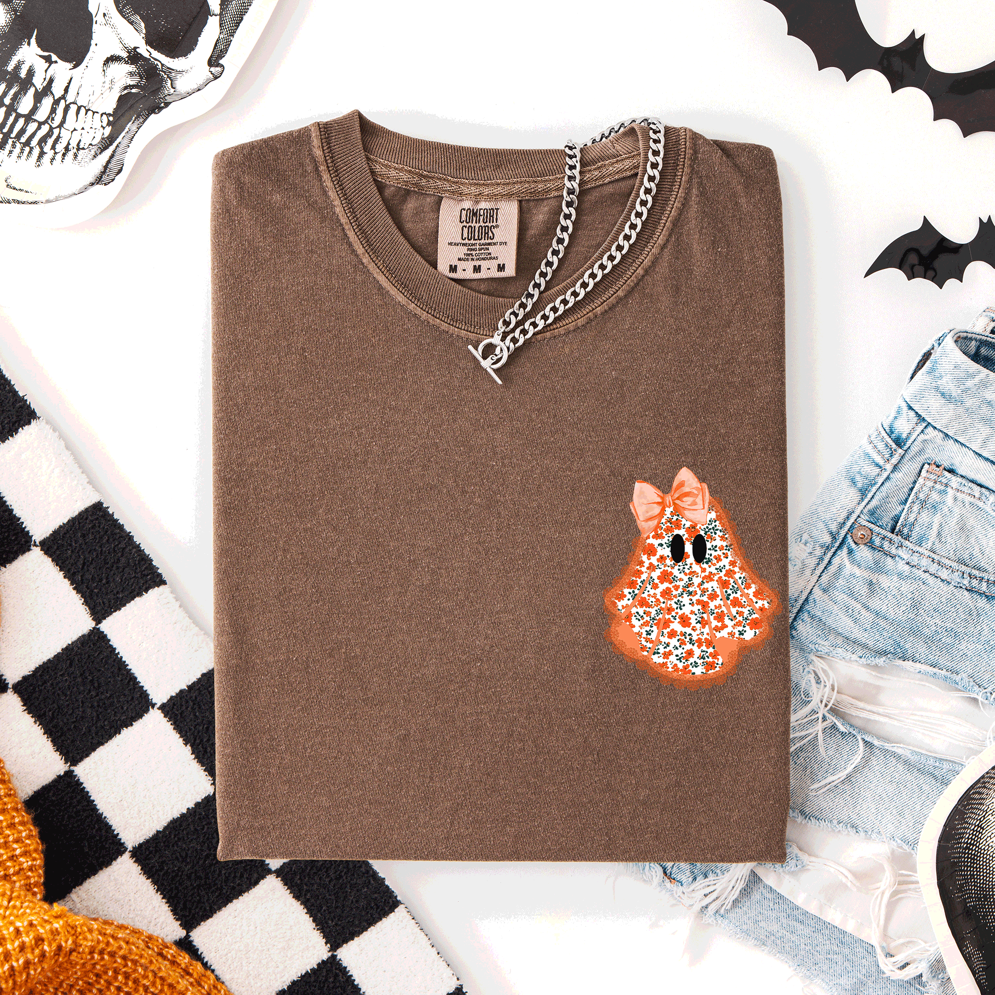 Cute Coquette Faux Lace Ghost Pocket Halloween Edition Vintage Charm Comfort Colors Tee