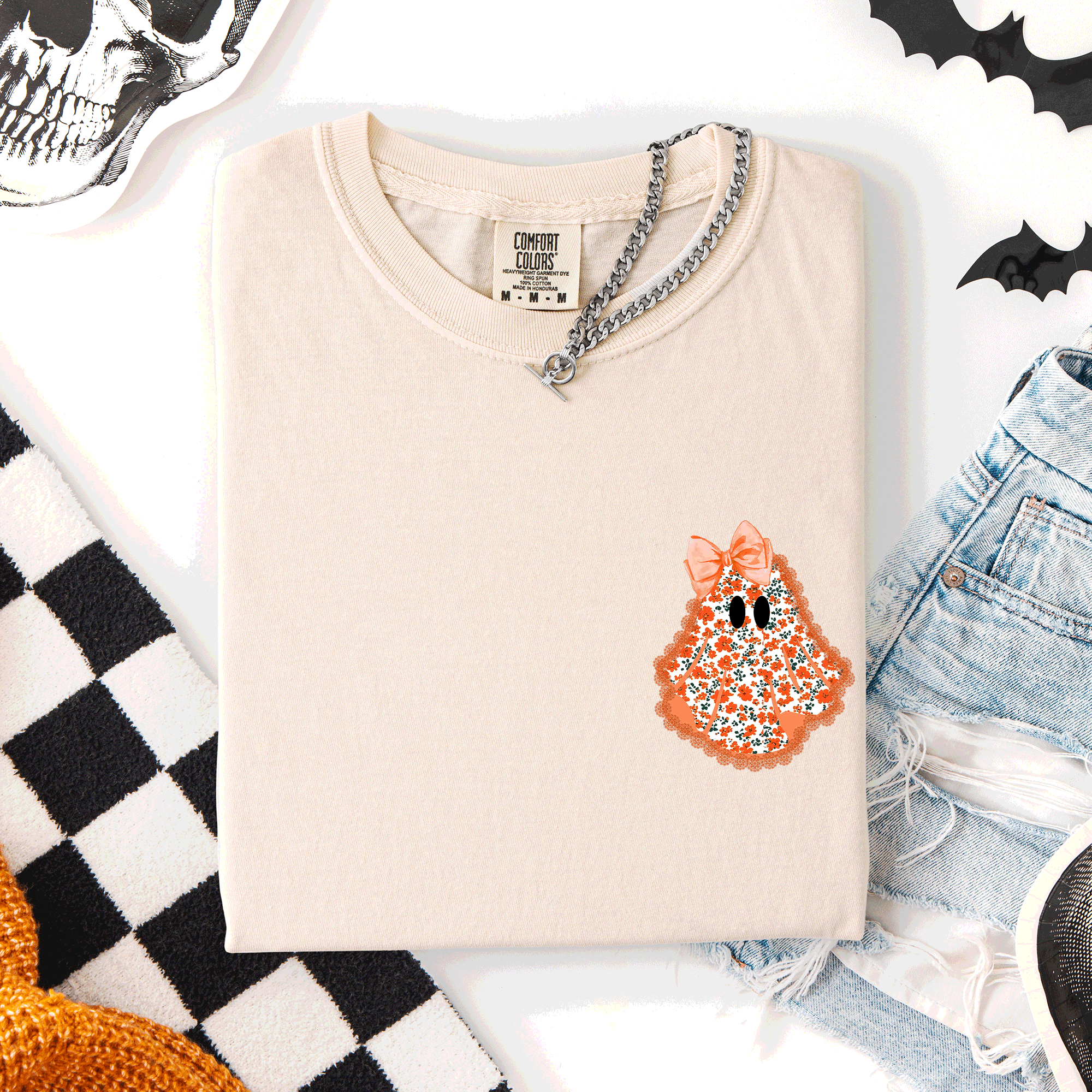 Cute Coquette Faux Lace Ghost Pocket Halloween Edition Vintage Charm Comfort Colors Tee