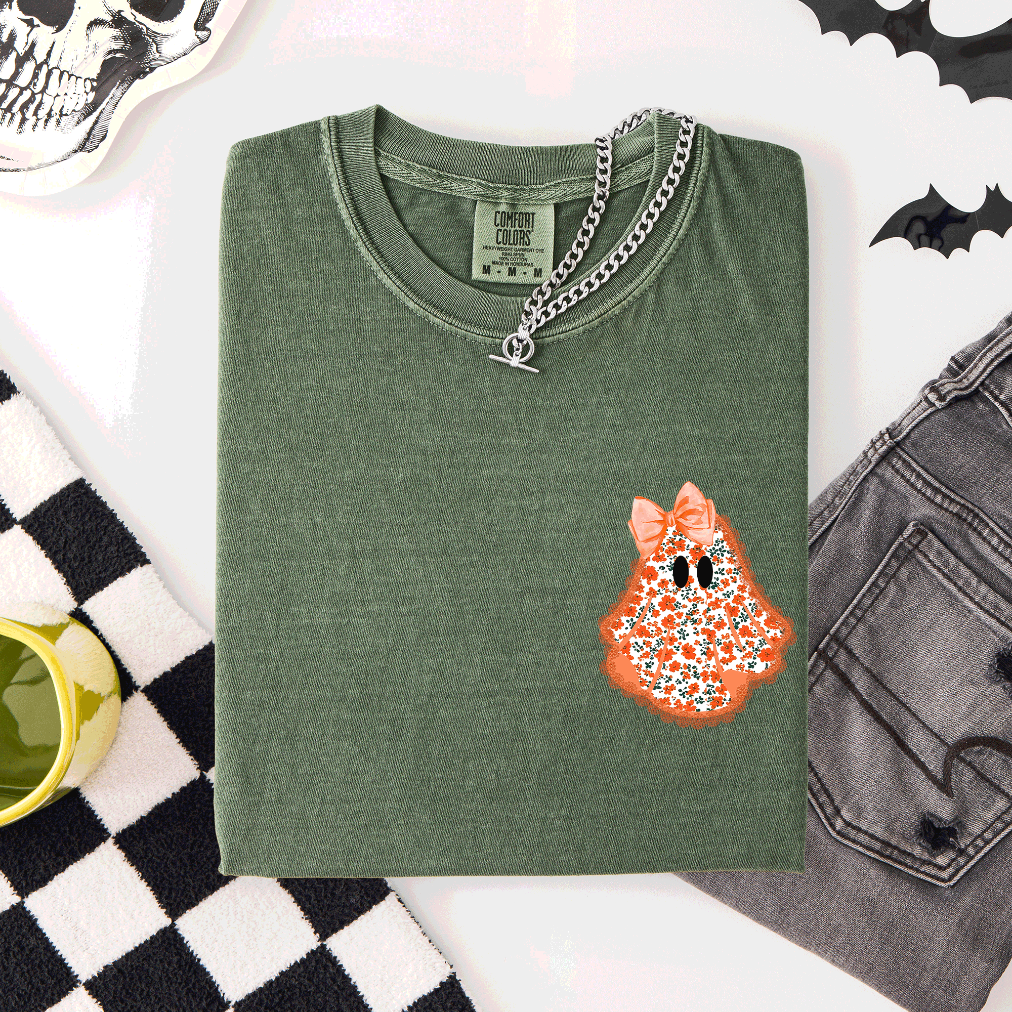 Cute Coquette Faux Lace Ghost Pocket Halloween Edition Vintage Charm Comfort Colors Tee