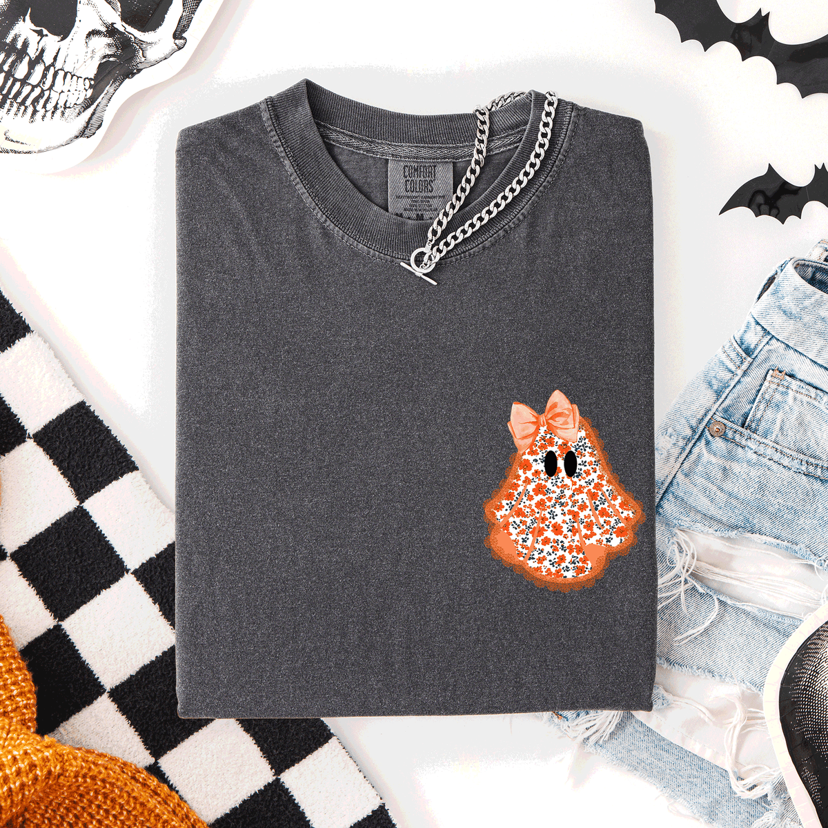 Cute Coquette Faux Lace Ghost Pocket Halloween Edition Vintage Charm Comfort Colors Tee