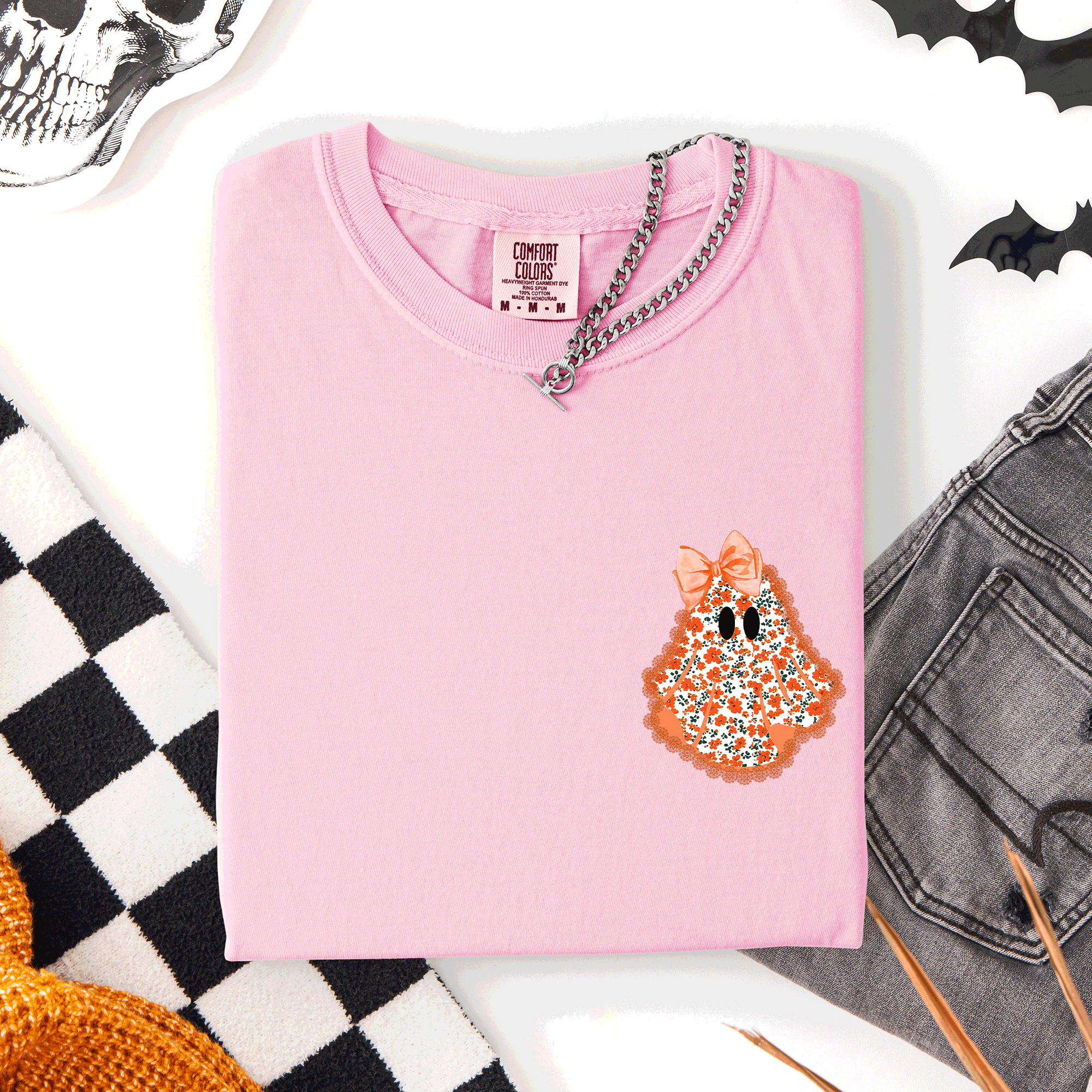 Cute Coquette Faux Lace Ghost Pocket Halloween Edition Vintage Charm Comfort Colors Tee