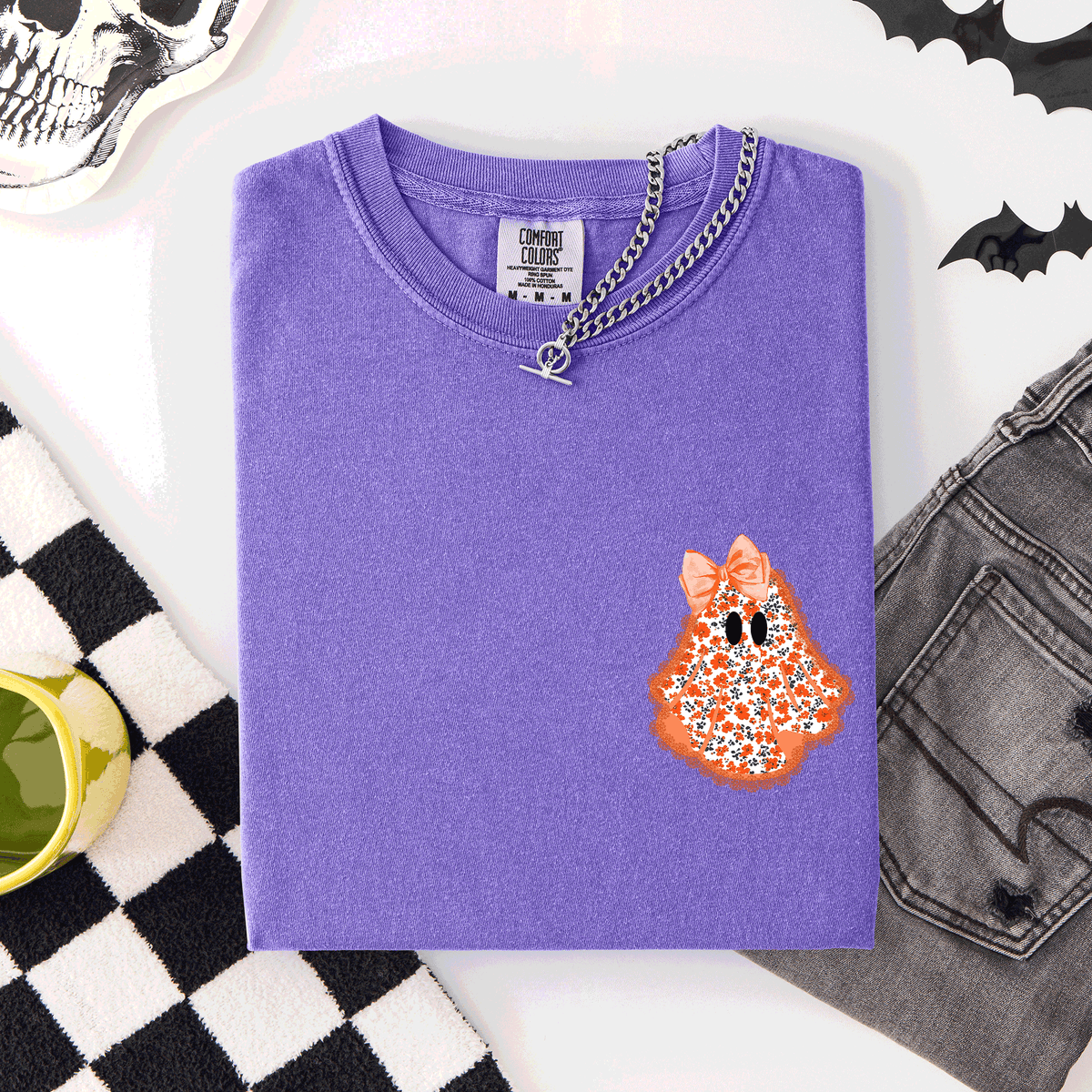 Cute Coquette Faux Lace Ghost Pocket Halloween Edition Vintage Charm Comfort Colors Tee
