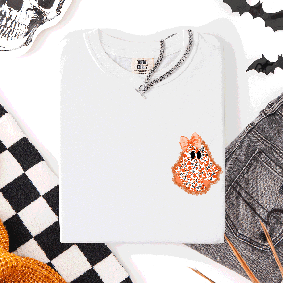Cute Coquette Faux Lace Ghost Pocket Halloween Edition Vintage Charm Comfort Colors Tee