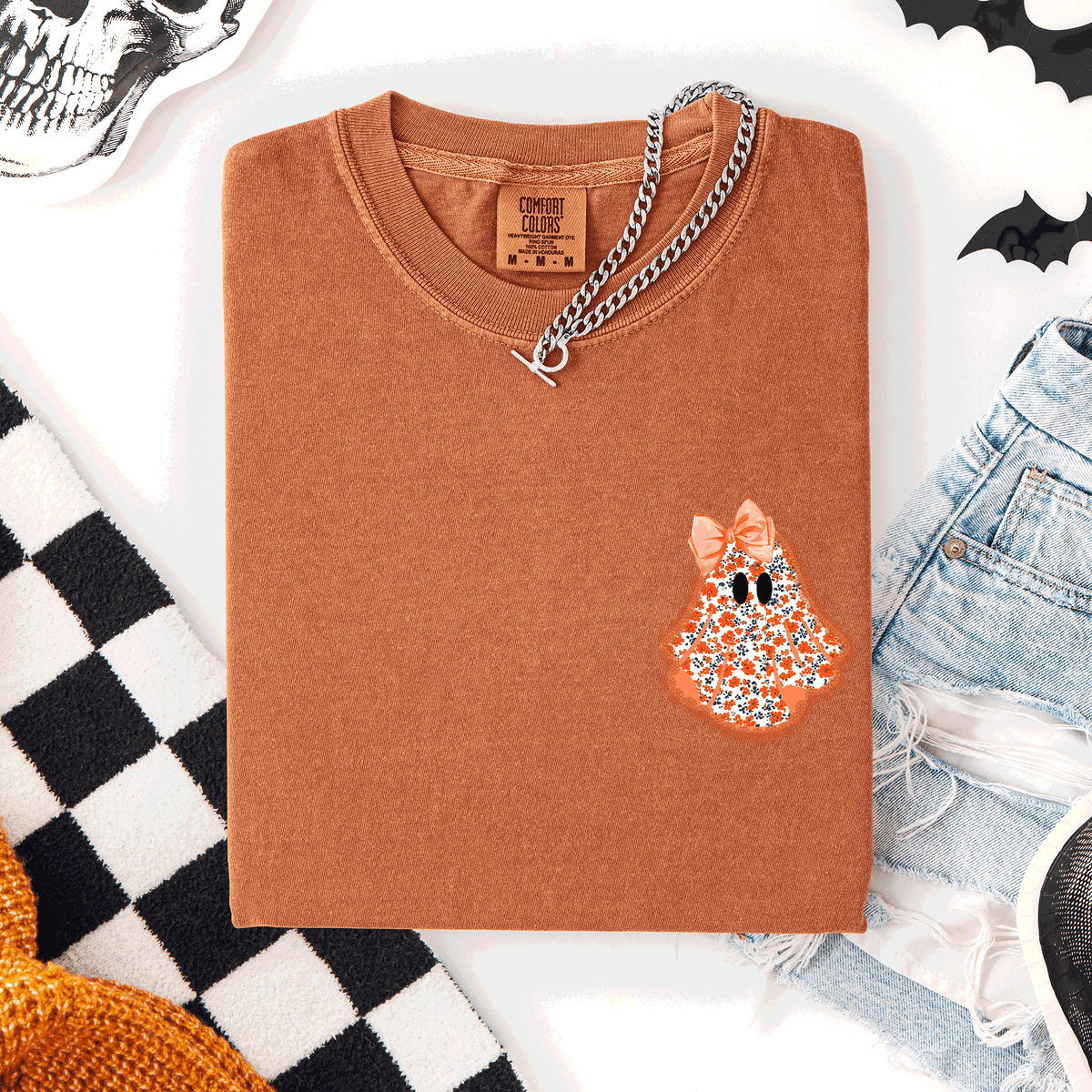 Cute Coquette Faux Lace Ghost Pocket Halloween Edition Vintage Charm Comfort Colors Tee