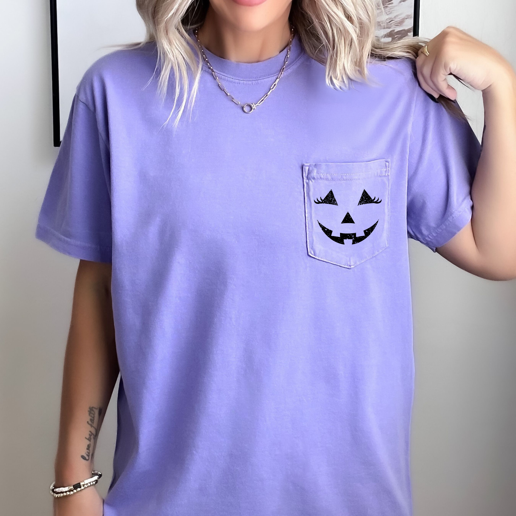 Cute Jack O Lantern Pocket Design With Whimsical Halloween Face And Cozy Autumn Vibes Comfort Colors Tee