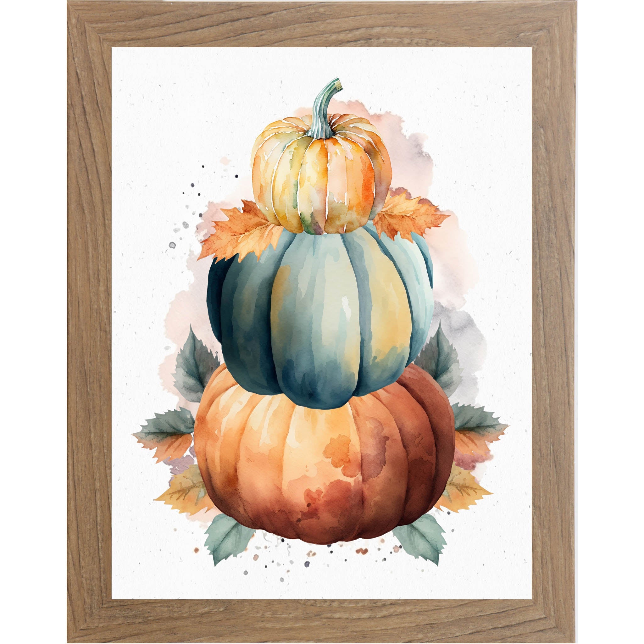 Stacked Pumpkins Wall Art – Watercolor Teal Orange Gold No Words Fall Entryway Decor (NS393)