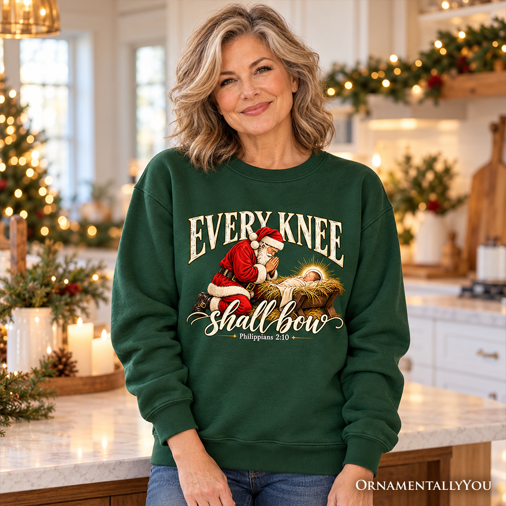 Every Knee Shall Bow Christmas Christian Sweatshirt, Santa Nativity Faith Sweater