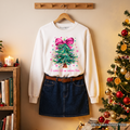 Glitter Christmas Tree Coquette Bow Sweatshirt, O Come Let Us Adore Him Holiday Sweater