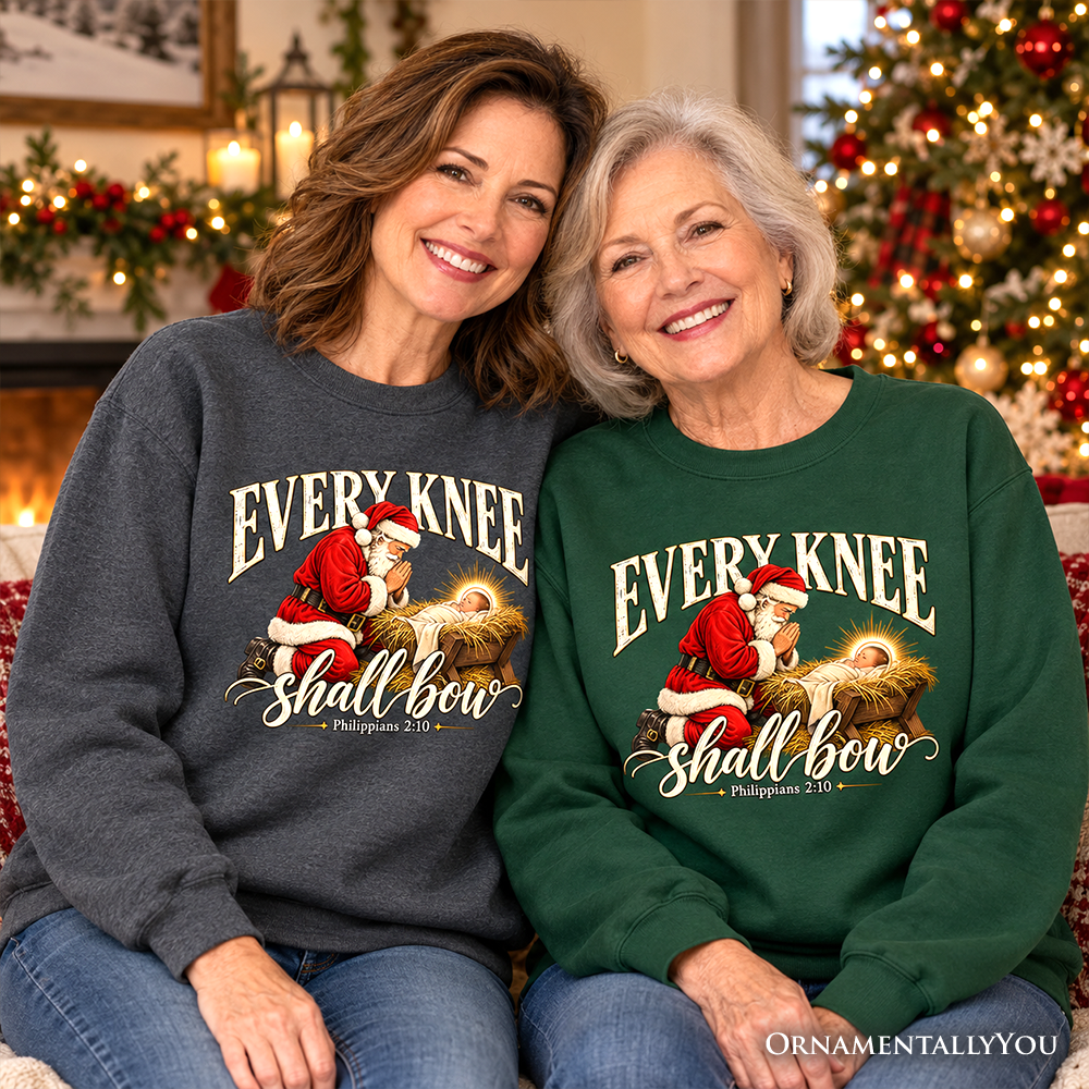 Every Knee Shall Bow Christmas Christian Sweatshirt, Santa Nativity Faith Sweater