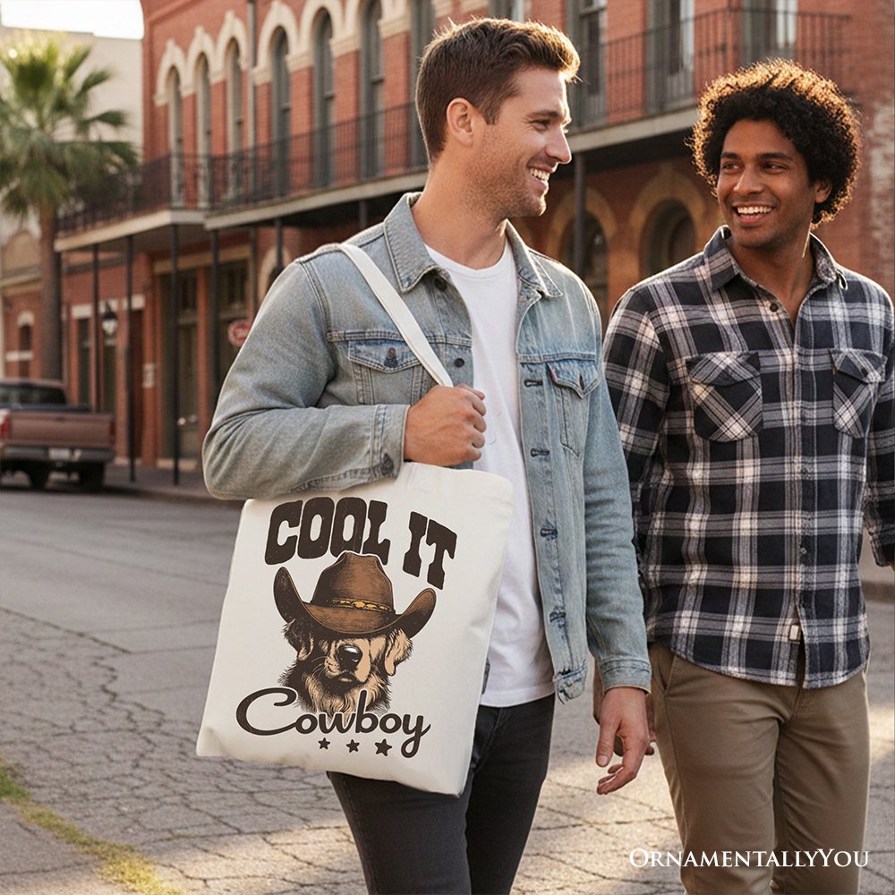 Cool It Cowboy Canvas Tote Bag With Western Dog, Retro Golden Retriever Gift Shopper for Country Lover