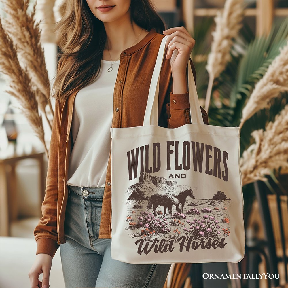 Wild Flowers and Wild Horses Canvas Tote Bag, Retro Western Gift for Free-Spirited Women