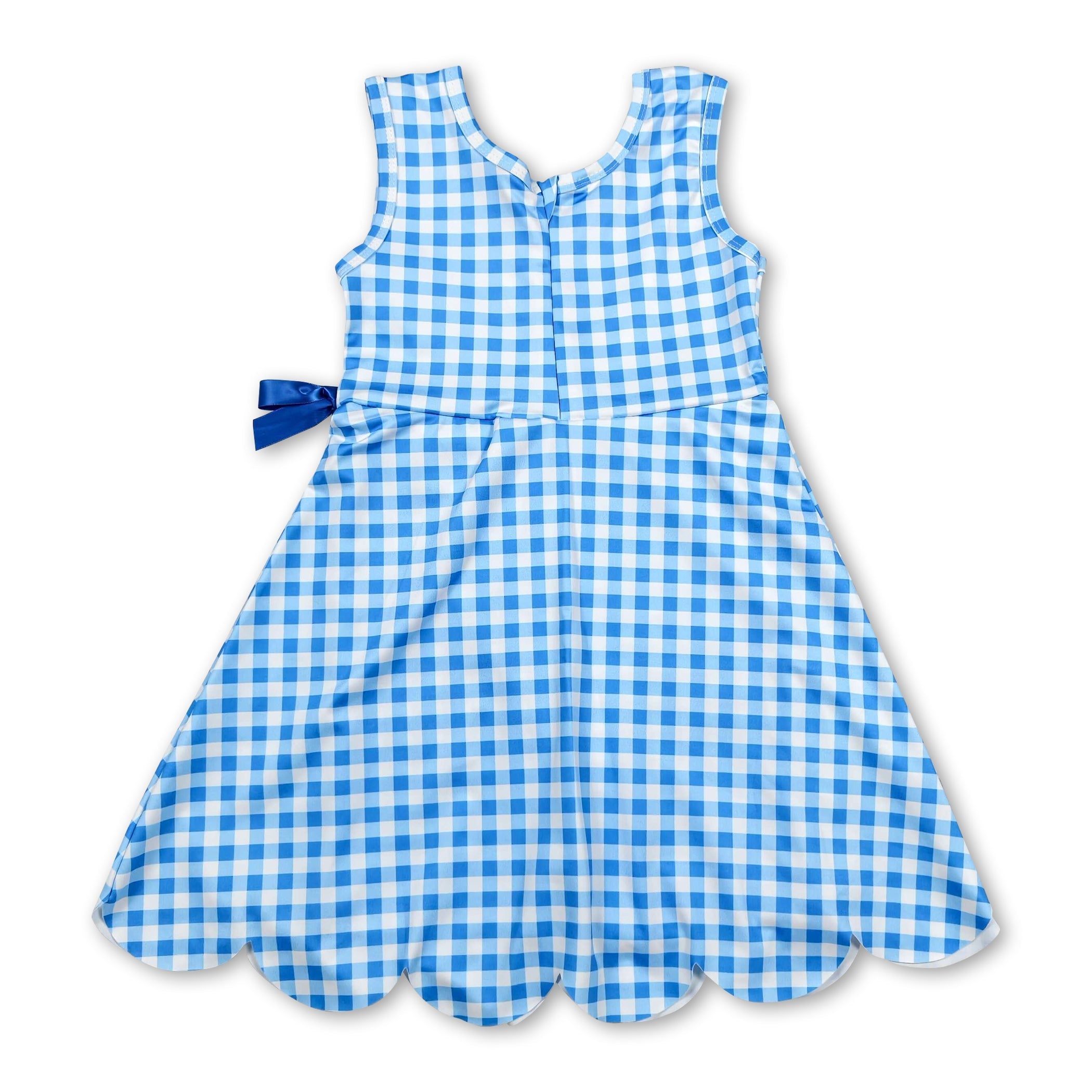 Sleeveless light blue plaid scallop kids girls athletic dresses