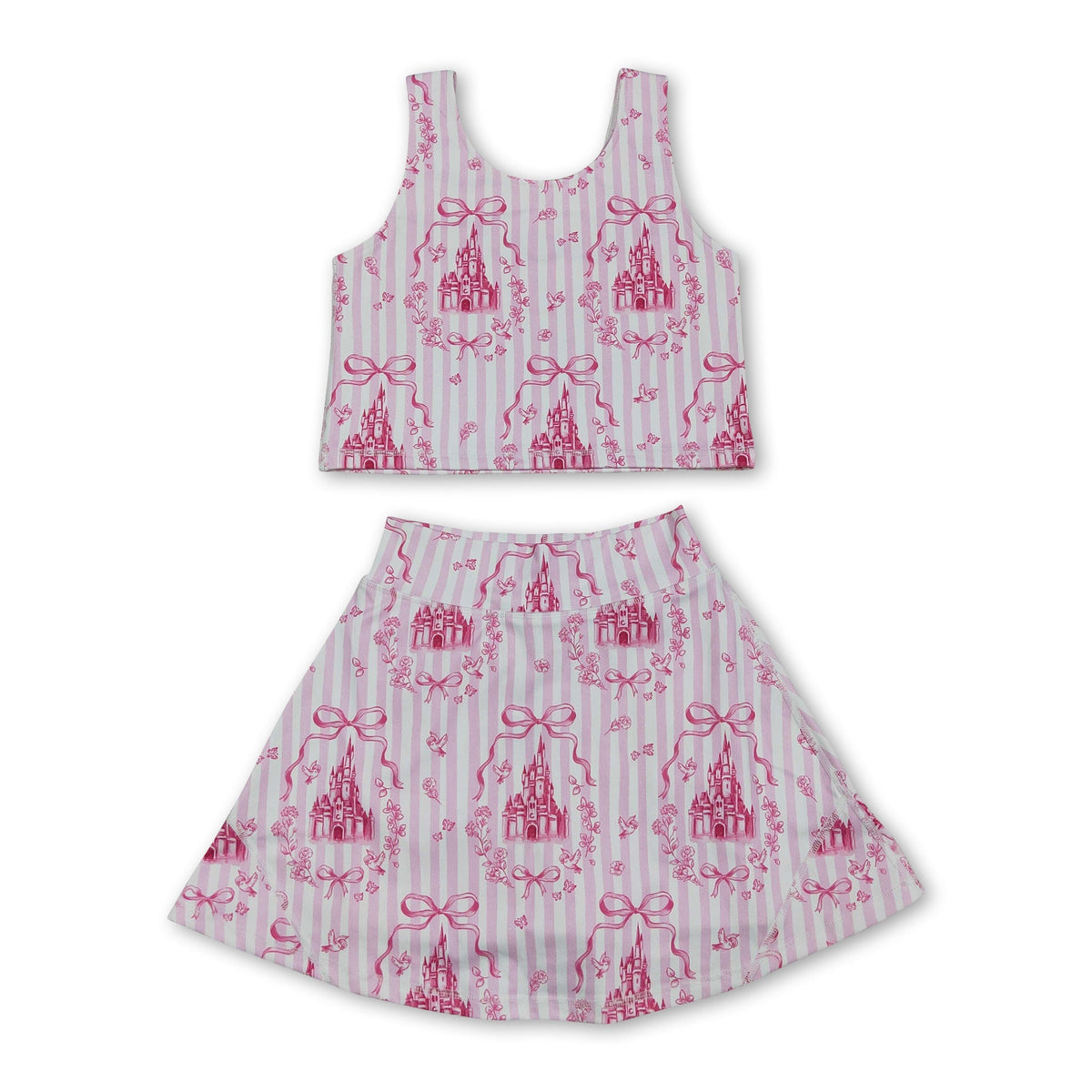 Pink stripe castle crop top bow skirt girls summer active set