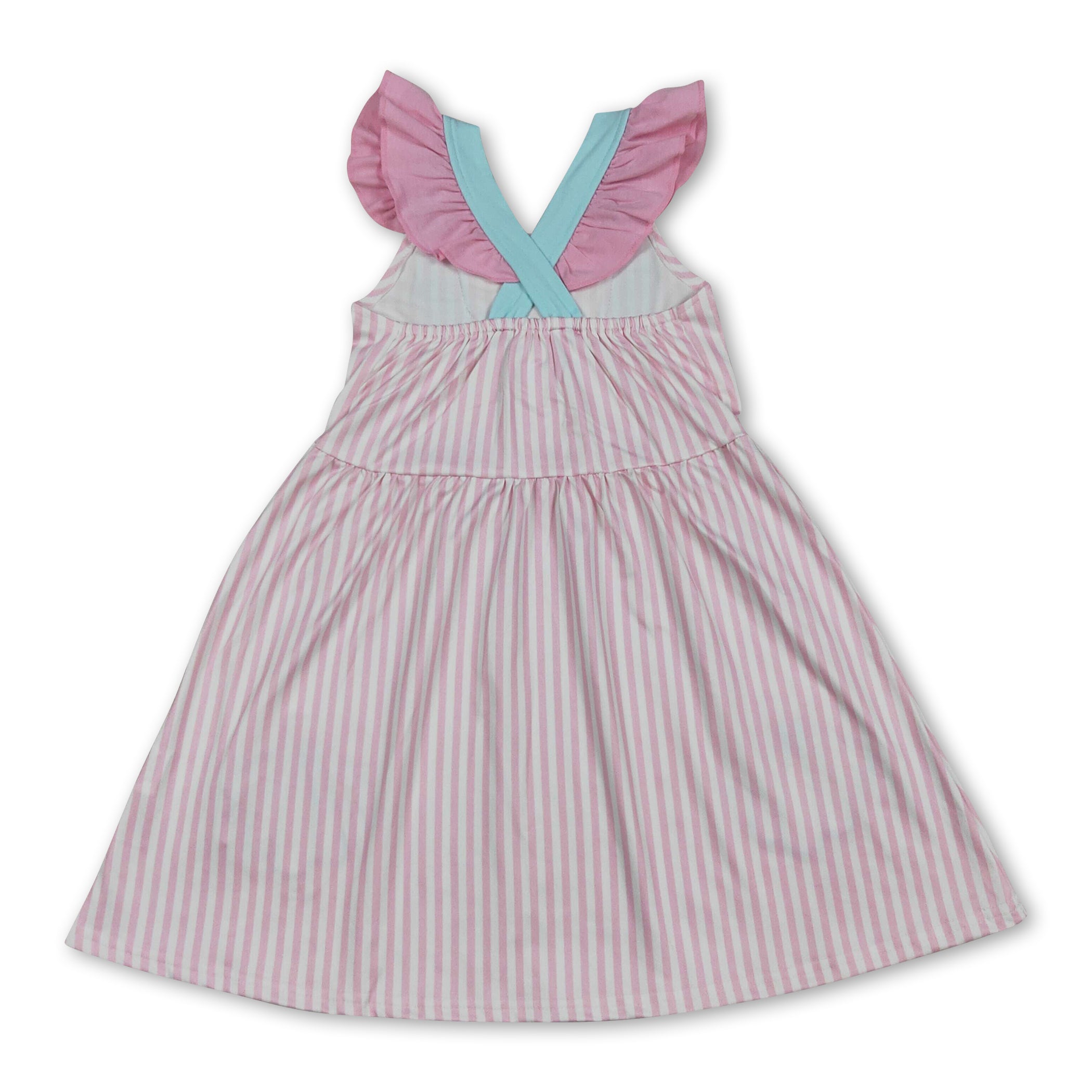 Flutter sleeves shell bow embroidery stripe girls dresses