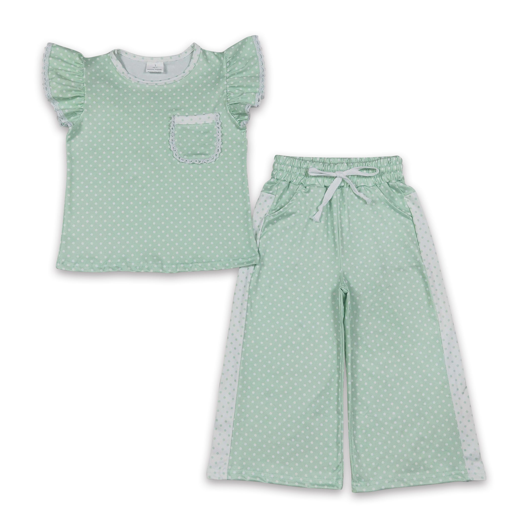 Green polka dots flutter sleeves top pants girls outfits