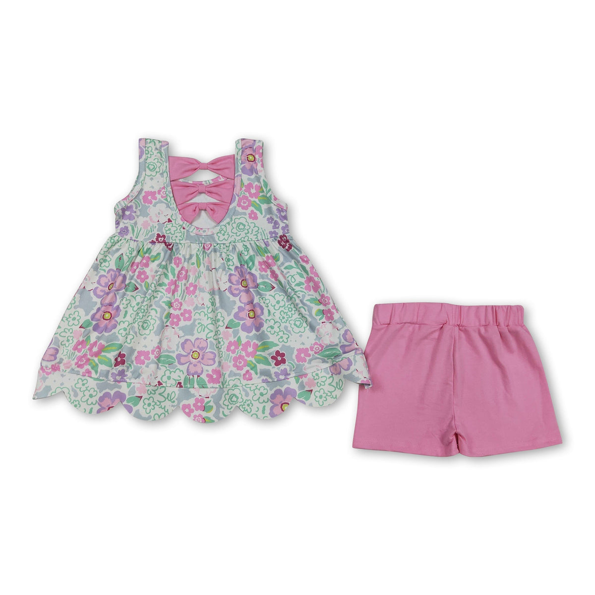 Sleeveless floral scallop tunic pink shorts girls outfits