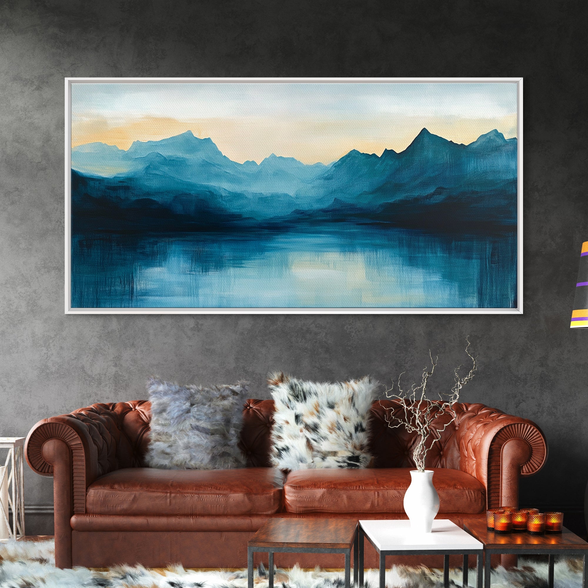 Moody Mountains, Blue Landscape, Panoramic Art, Canvas Print, Smoky Mountain Art, Extra Wide Art, Minimalist Art, Above Sofa Art