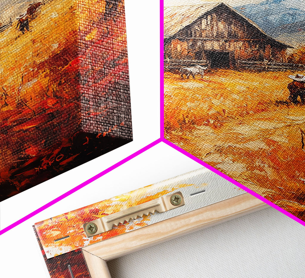 Autumn Barnyard Framed Canvas Print, Vibrant Fall Landscape Cowboy and Barn, Perfect Rustic Wall Art Farmhouse or Ranch Style Fall Decor