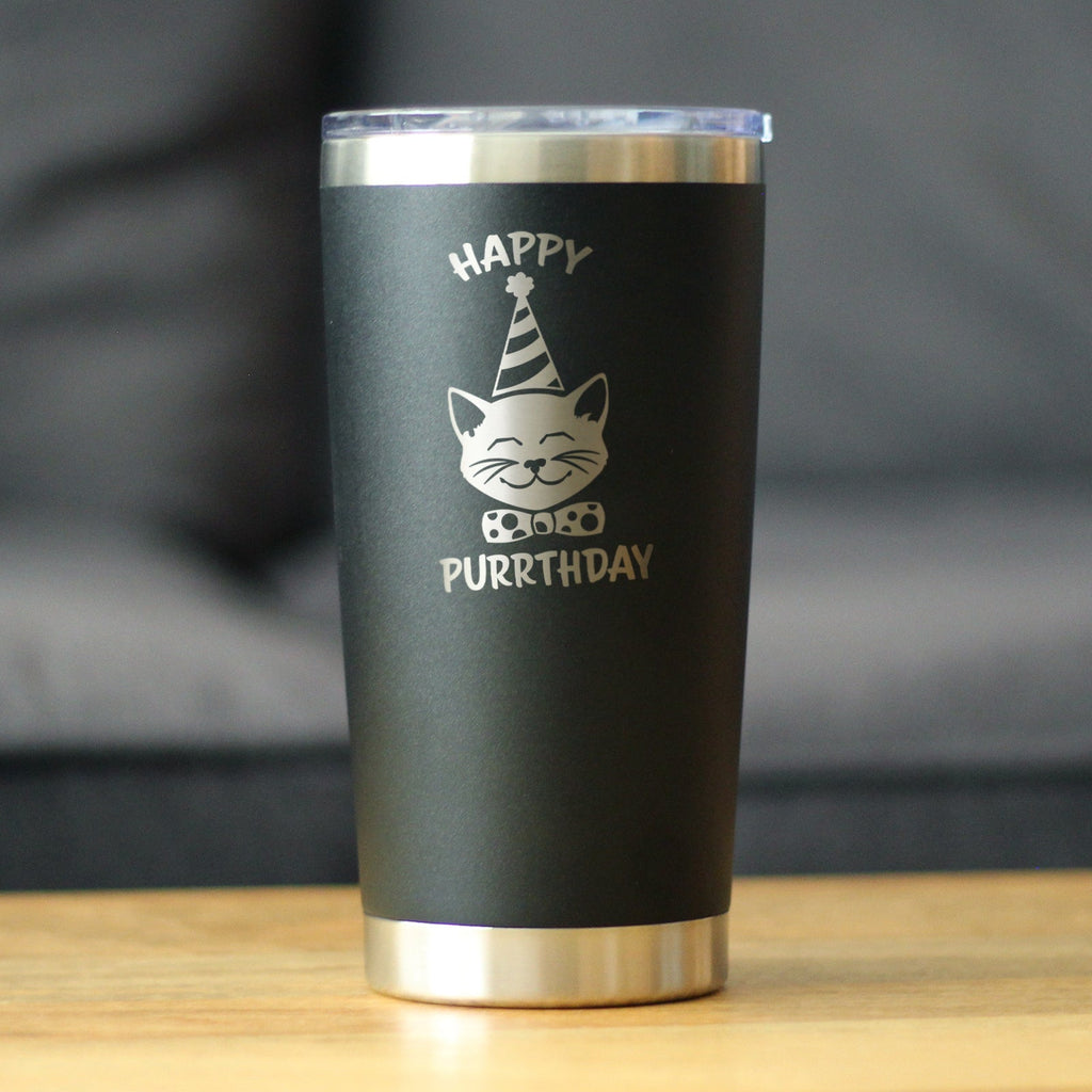 Happy Purrthday - Insulated Coffee Tumbler Cup with Sliding Lid - Stainless Steel Travel Mug - Unique Cat Birthday Gifts for Women and Men