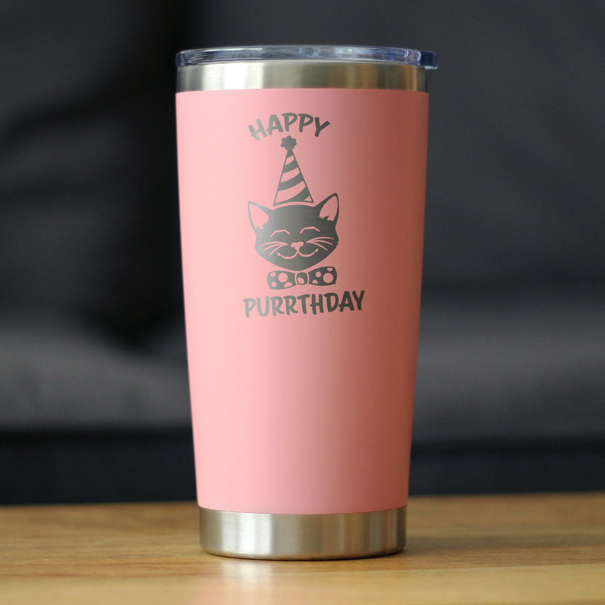Happy Purrthday - Insulated Coffee Tumbler Cup with Sliding Lid - Stainless Steel Travel Mug - Unique Cat Birthday Gifts for Women and Men