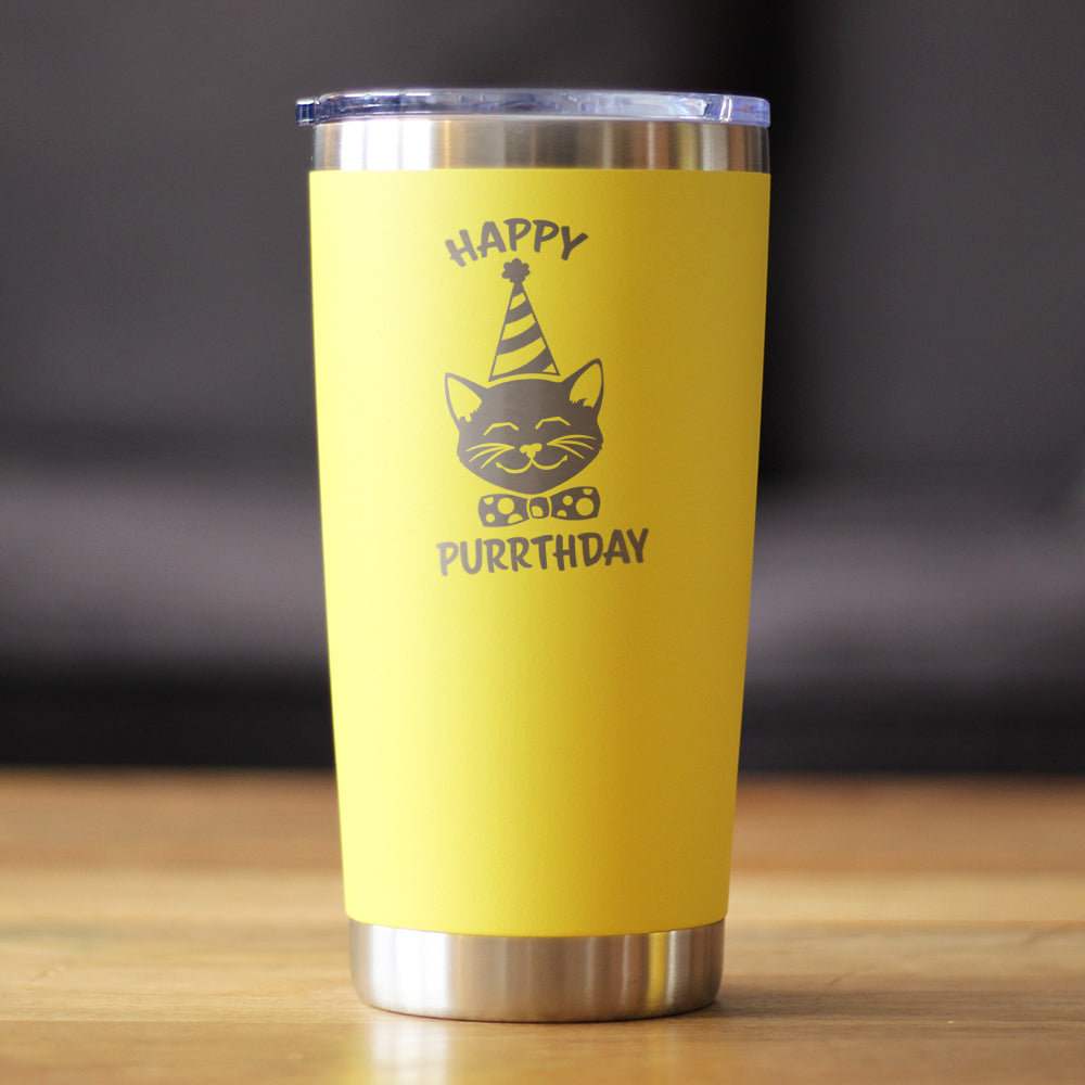 Happy Purrthday - Insulated Coffee Tumbler Cup with Sliding Lid - Stainless Steel Travel Mug - Unique Cat Birthday Gifts for Women and Men