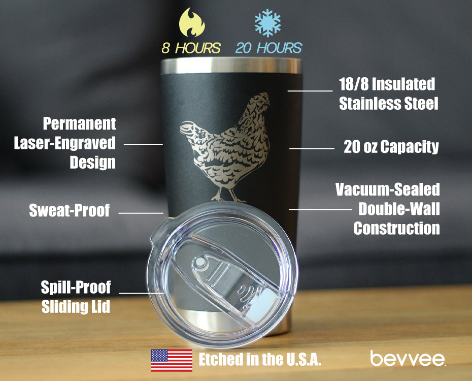 Hen - Insulated Coffee Tumbler Cup with Sliding Lid - Stainless Steel Travel Mug - Chicken Gifts for Women and Men