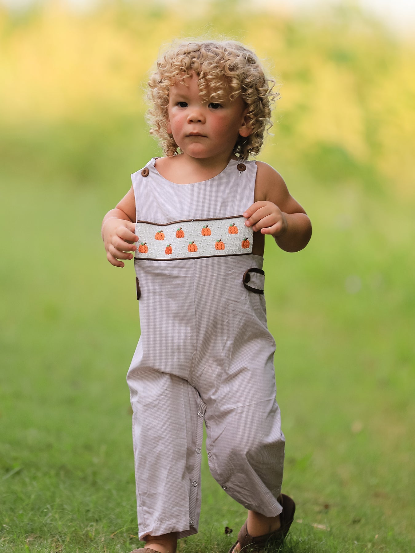 Fall Halloween & Thanksgiving  Pumpkin Smock Embroidered Boys Romper