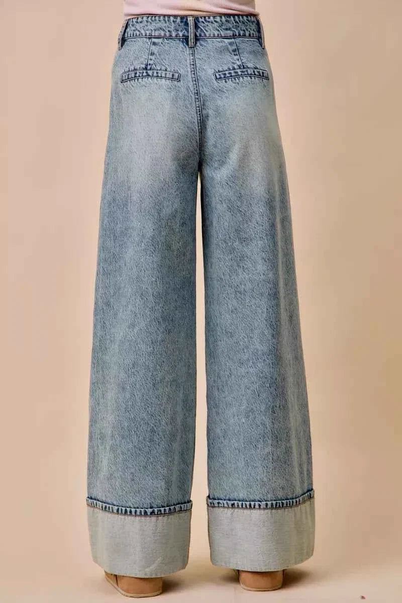 Mid Rise Pleated Wide Leg Denim Jean by So Me