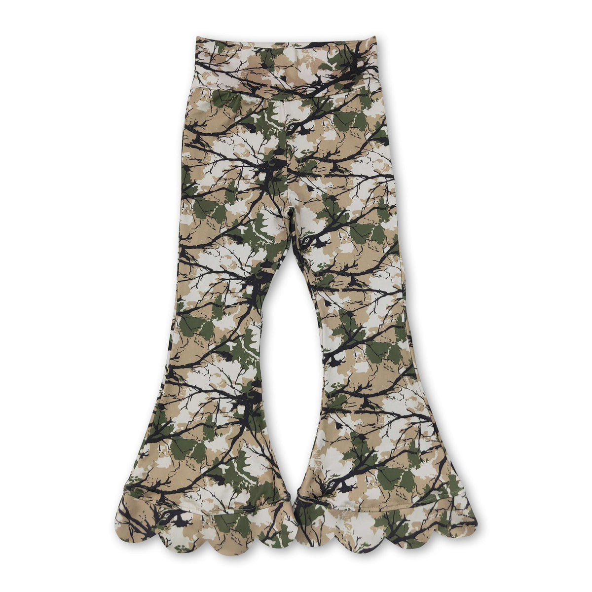 Green camo kids girls scallop bell bottom pants