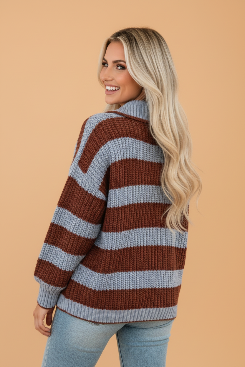 Stripe Buttoned Polo Collar Drop Shoulder Sweater