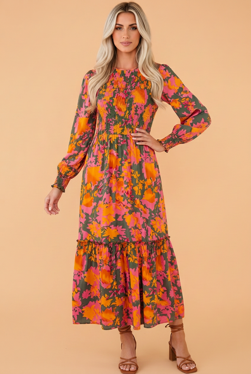 Floral Smocked Puff Sleeve Ruffle Maxi Dress