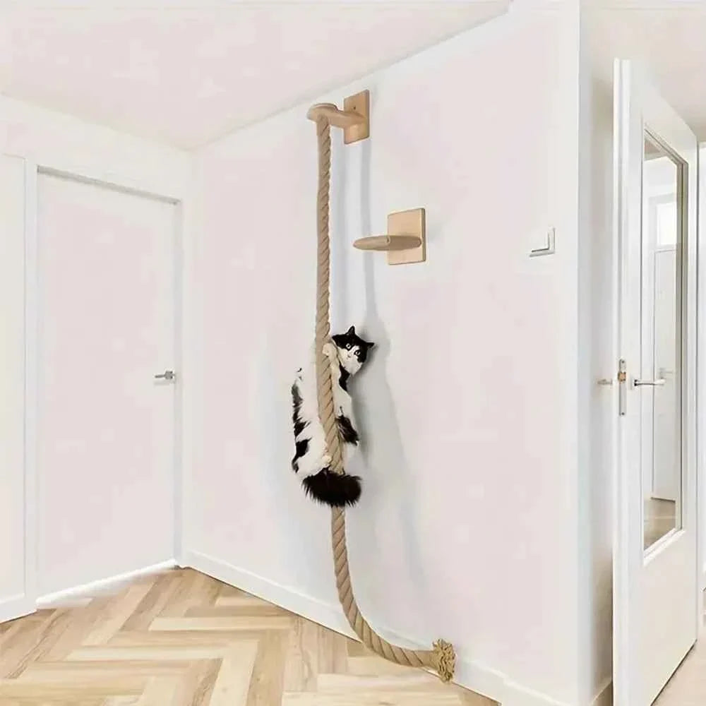 Wall-Mounted Cat Climbing Rope – Solid Wood Pedals & Sisal Scratch Training Toy for Indoor Cats