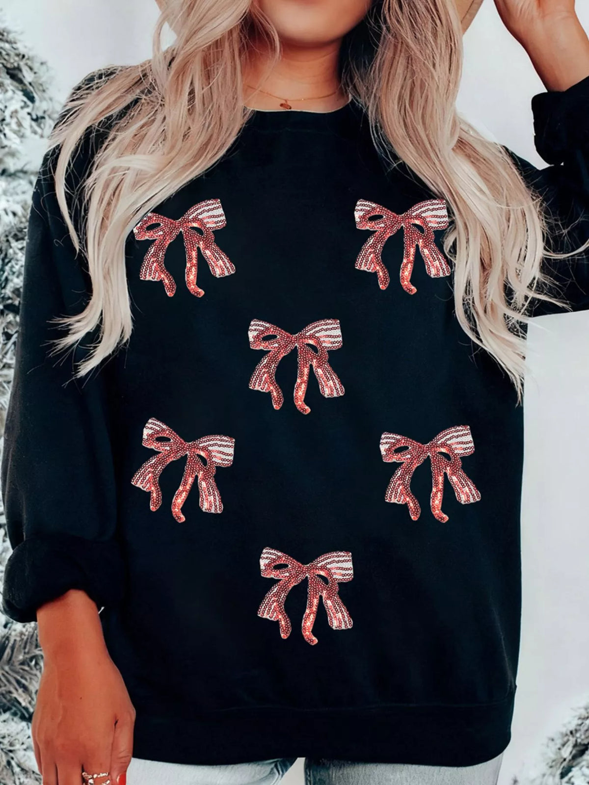 Christmas Sequin Ribbon Bow Drop Shoulder Sweatshirt