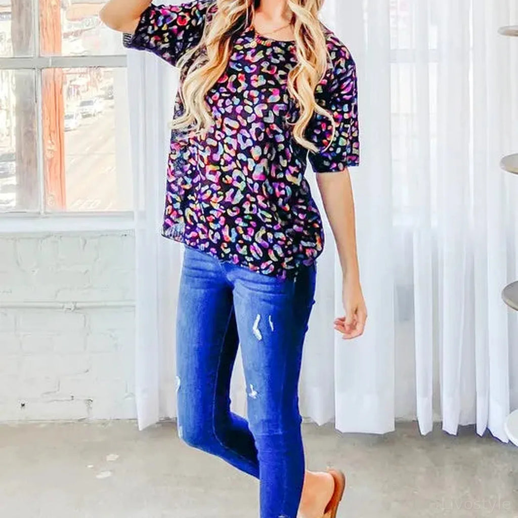 Stylish Leopard Foil Printed Half-Sleeve Summer Sweater