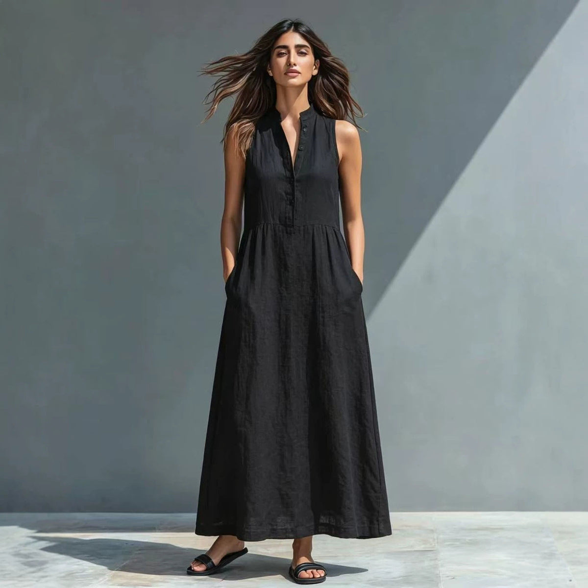Women's Stand-Collar A-Line Maxi Dress – Resort & Vacation Style
