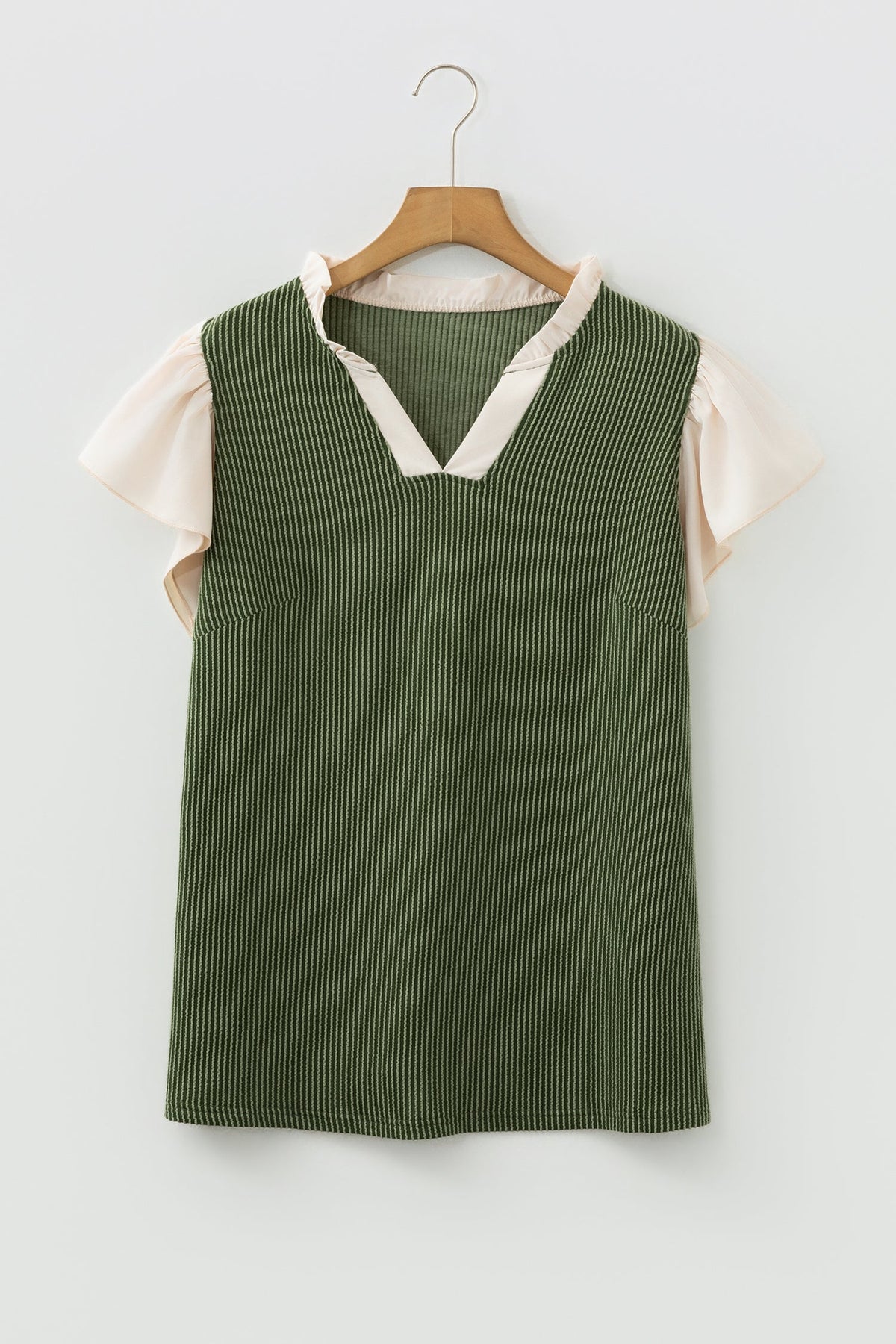 Plus Size Colorblock Corded Knit Ruffle Sleeve Blouse