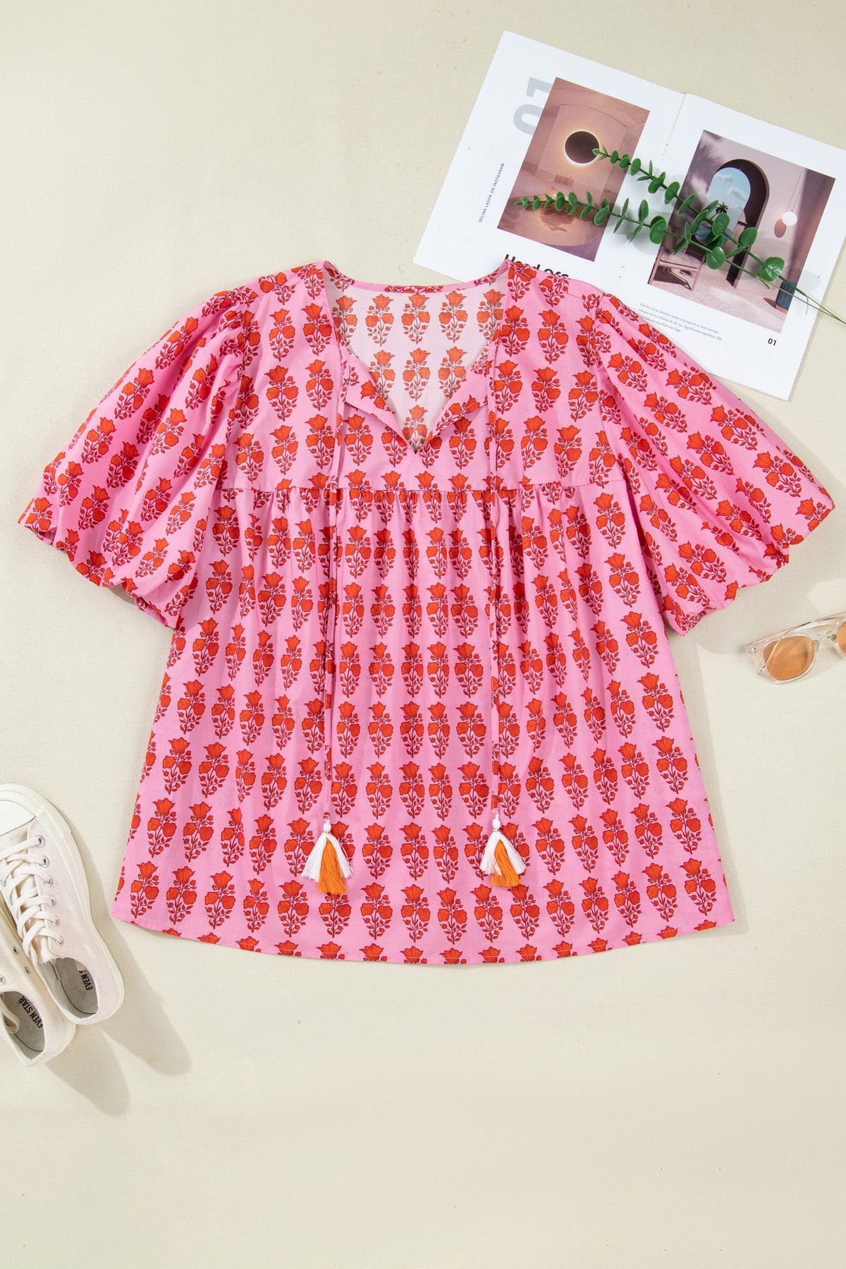 Plus Size Floral Tassel Tie Puff Sleeve Blouse