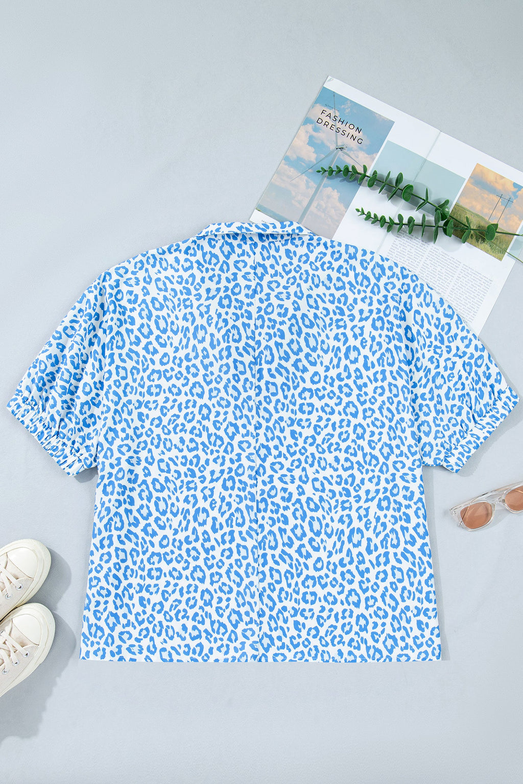 Plus Size Leopard Stripe V-Neck Short Sleeve Blouse