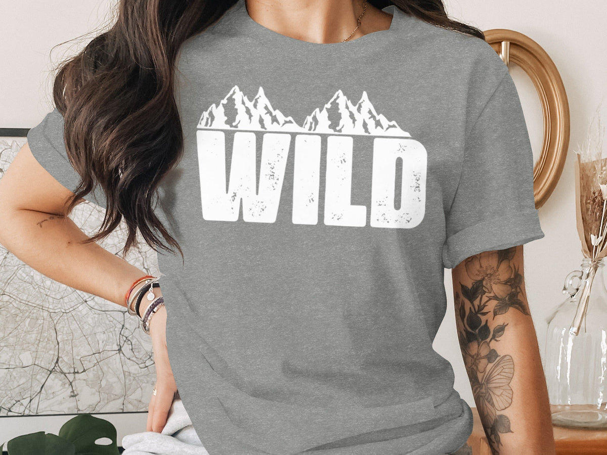 White Wild Text with Mountains Graphic Design T-Shirt