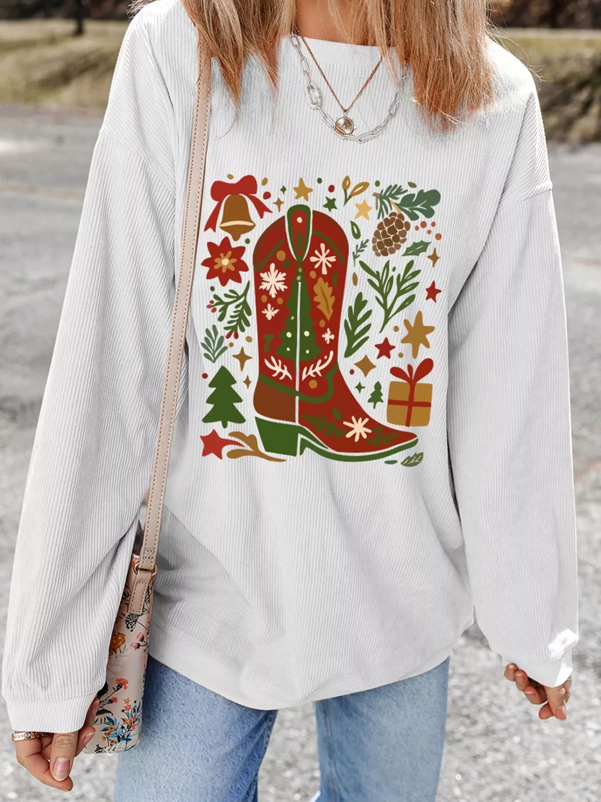 Christmas Leafy Boot Printed Corded Rib Drop Shoulder Sweatshirt