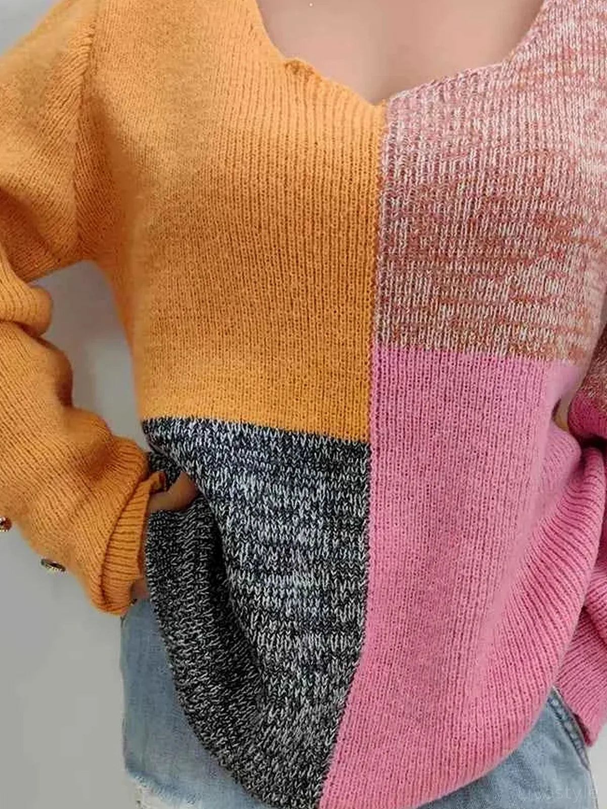 Color Block Decorative Button Long Sleeve Sweater