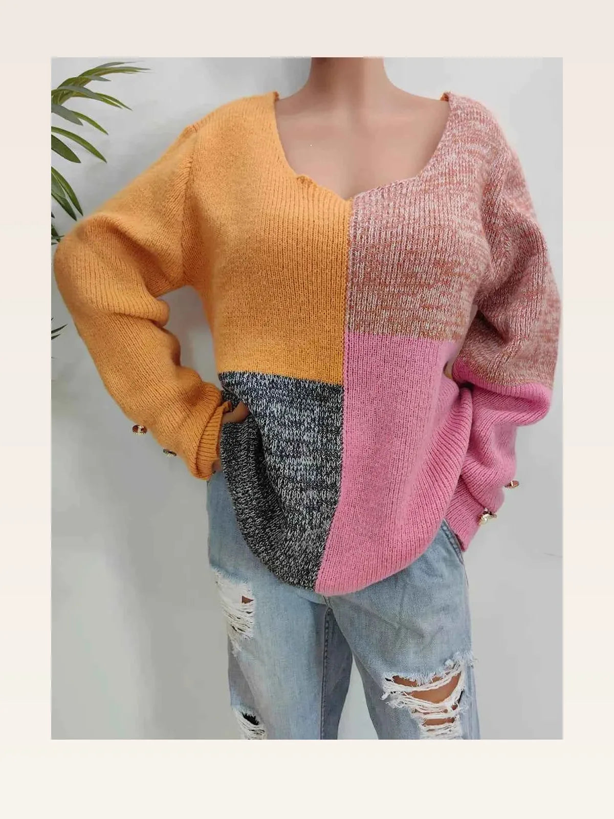 Color Block Decorative Button Long Sleeve Sweater