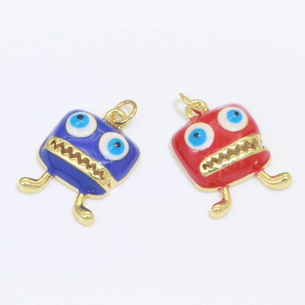 Cute Dainty Monster Charm, Enamel Robot Pendant Halloween Kids Monster Charm for Necklace Earring Bracelet Component Blue Red Monster M-546 M-547