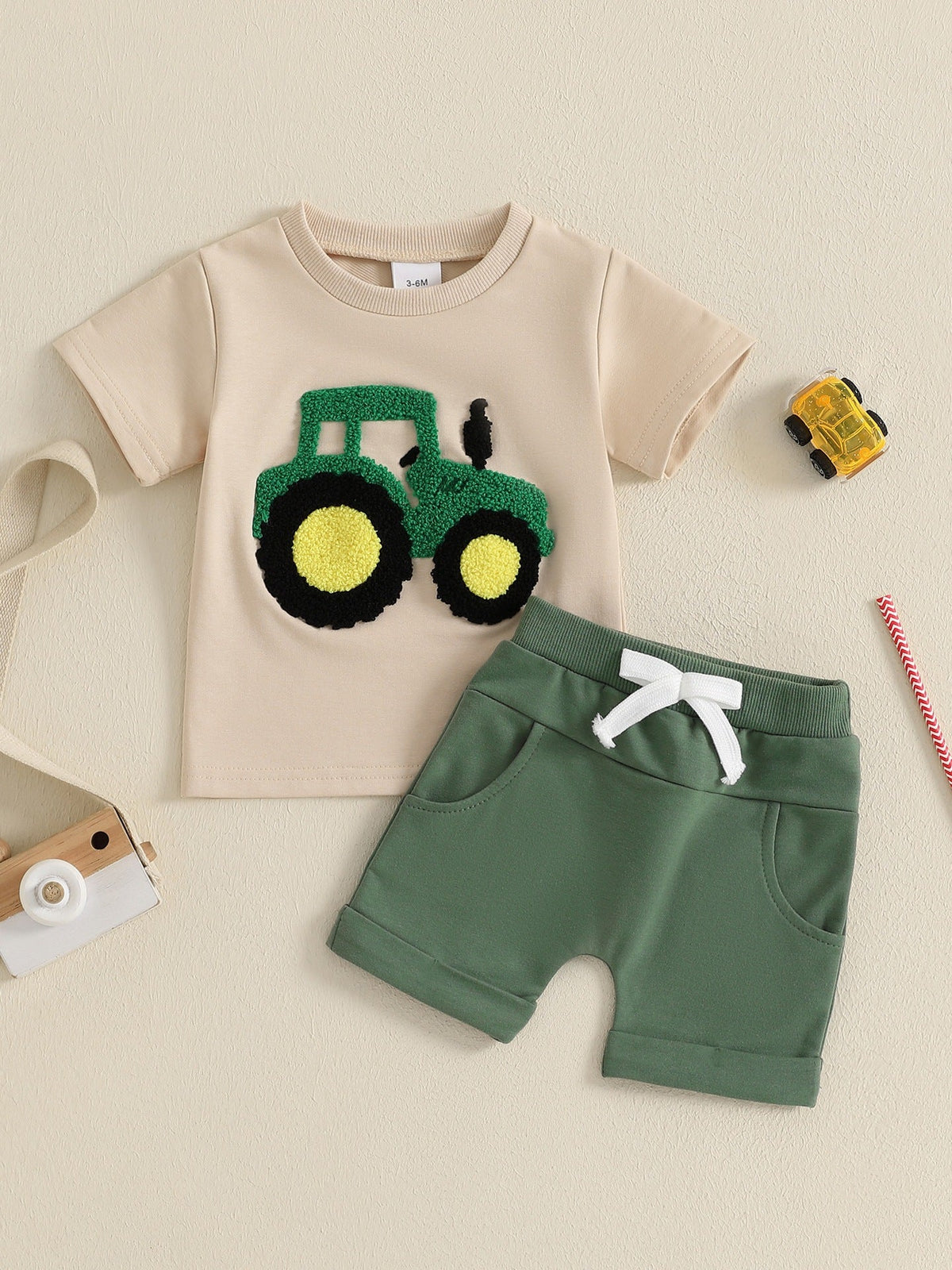 Toddler Boys Summer Outfits Truck Embroidered Round Neck