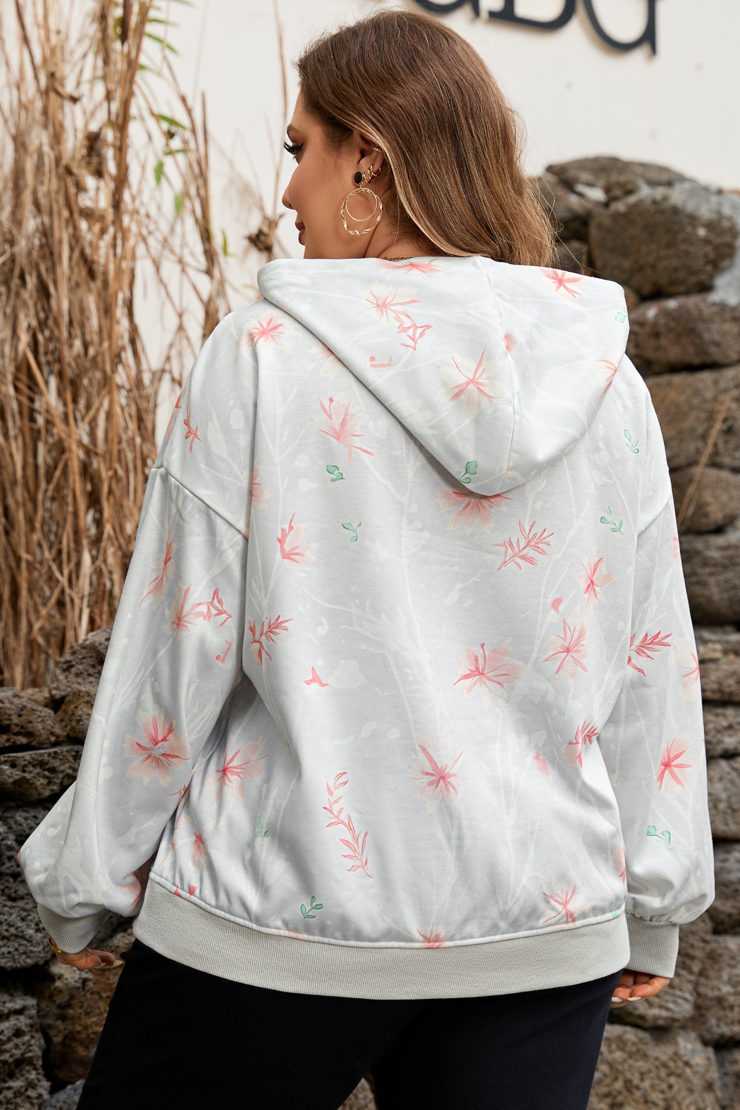 Plus Size Floral Long Sleeve Hoodie